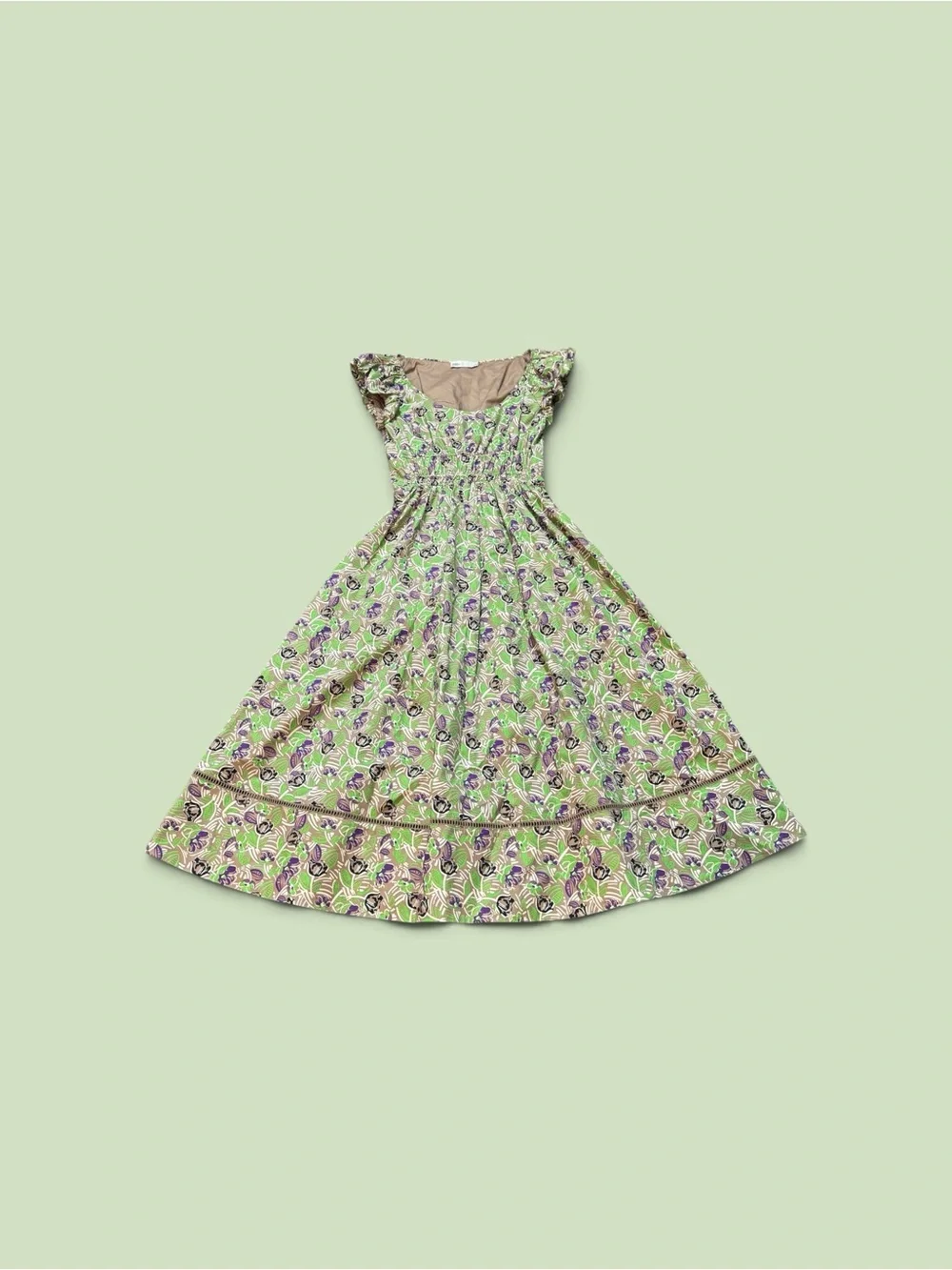 Tory Burch Floral Print Smocked Waist Midi Poplin Dress Green Size XS S